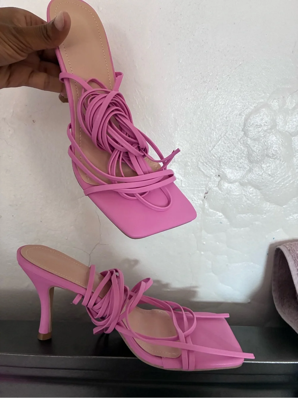 Strappy Pink Lace-Up kitten Heels